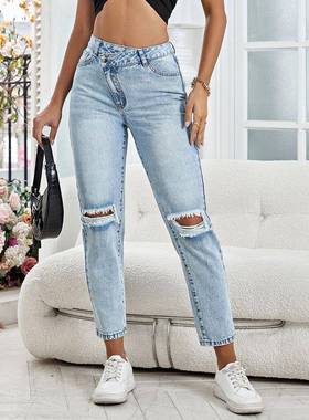 17-现货-35832#亚马逊跨境女装欧美INS时尚百搭直筒破洞牛仔长裤