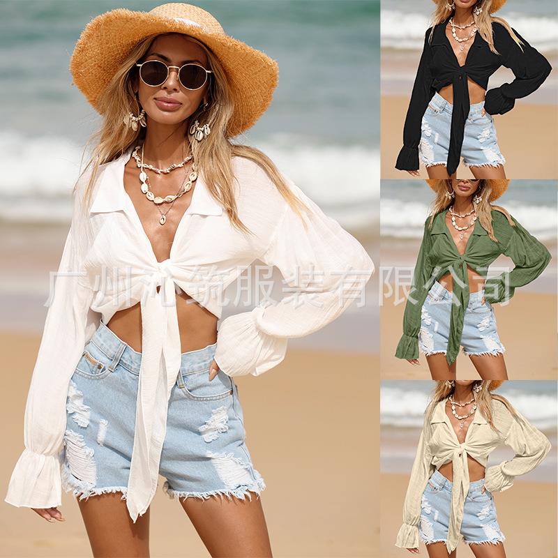 跨境沙滩罩衫防晒正面系带竹节棉衬衫亚马逊长袖新款沙滩防晒衫女