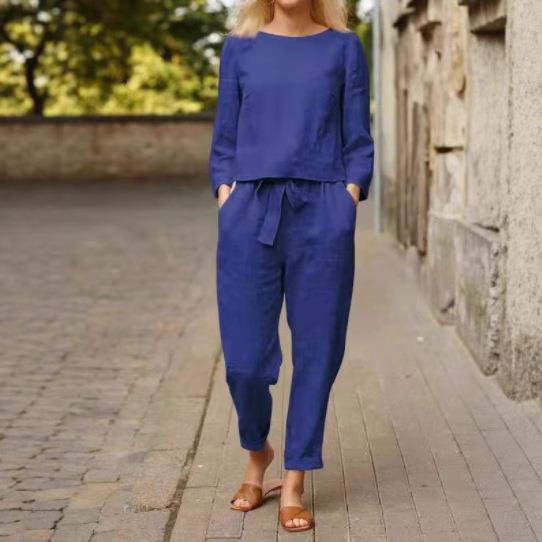 亚麻套装女装时尚纯色休闲两件套2025外贸春夏简约复古松紧腰系带