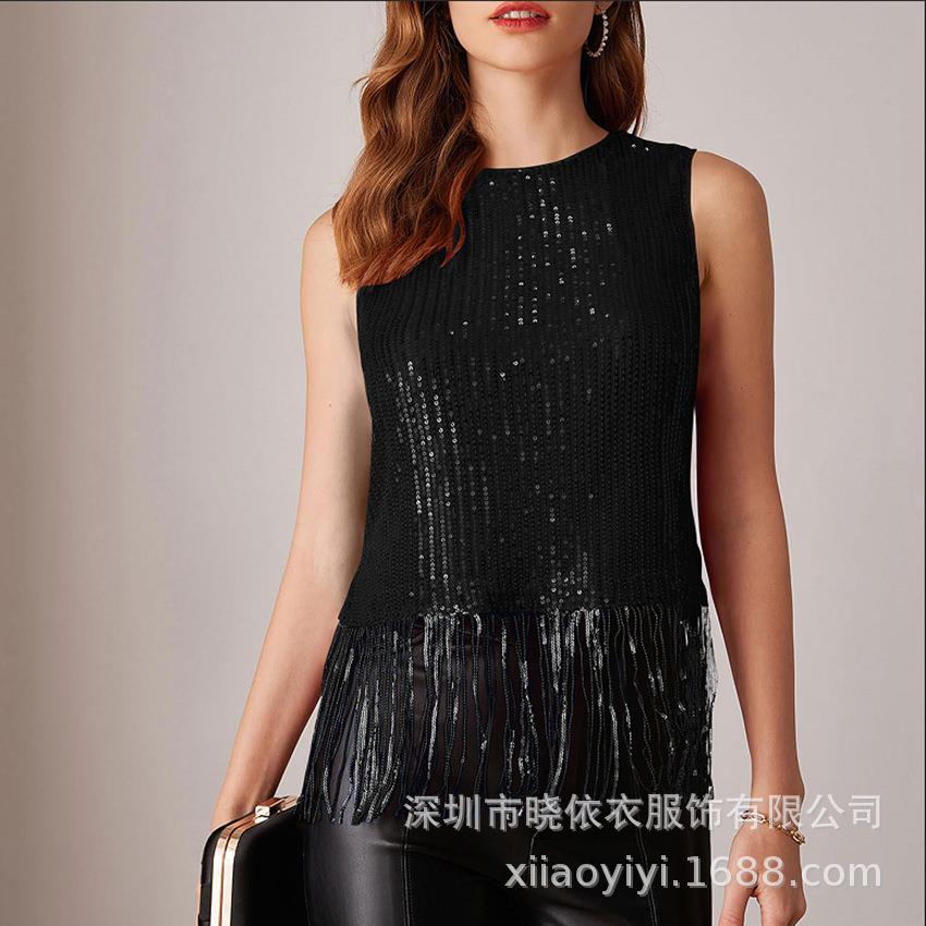 亚马逊女式闪亮流苏上衣无袖圆领流苏亮片背心闪光短款派对衬衫
