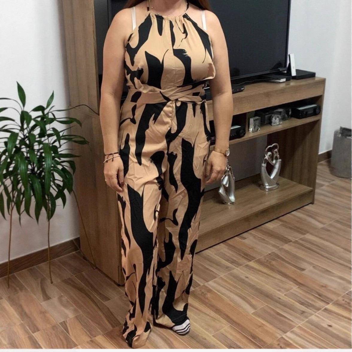 跨境外贸INS斑马纹吊带连体裤2025春夏季欧美风系带阔腿长裤女装