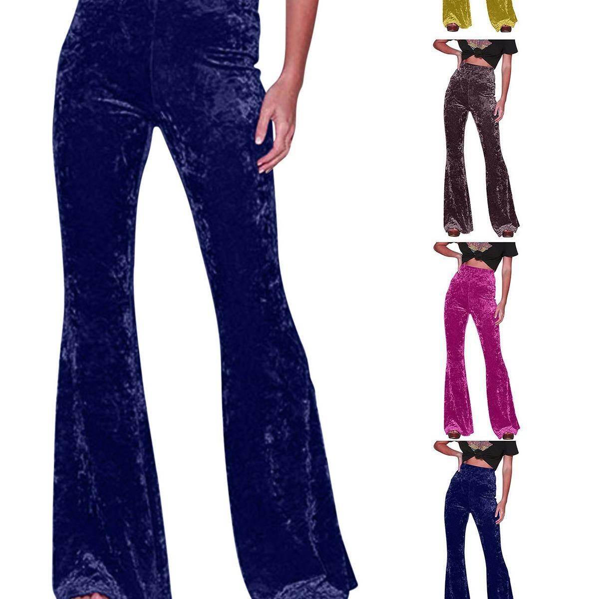 欧美跨境女装 女士复古纯色高腰休闲阔腿裤 修身l喇叭裤长裤 女