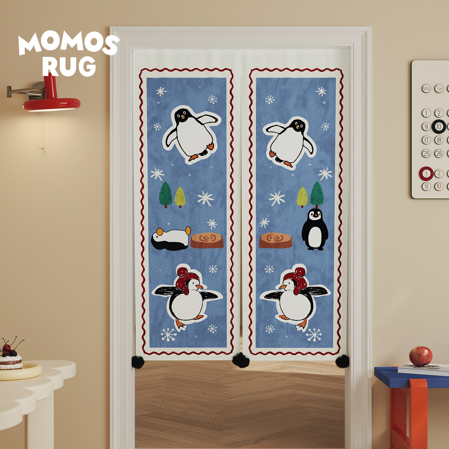 企鹅派对门帘遮挡帘厨房防油烟带毛球半帘百搭卧室免打孔隔断帘子