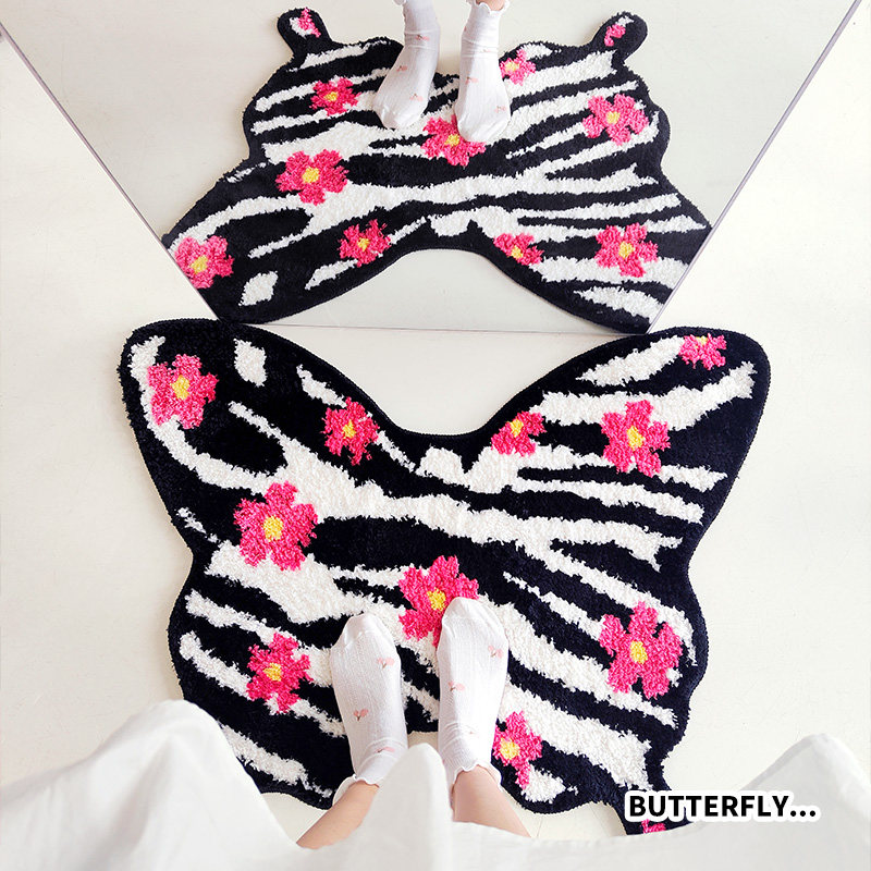 momosrug花蝴蝶卧室植绒床边毯客厅异形柔软毛绒脚垫地垫子儿童房