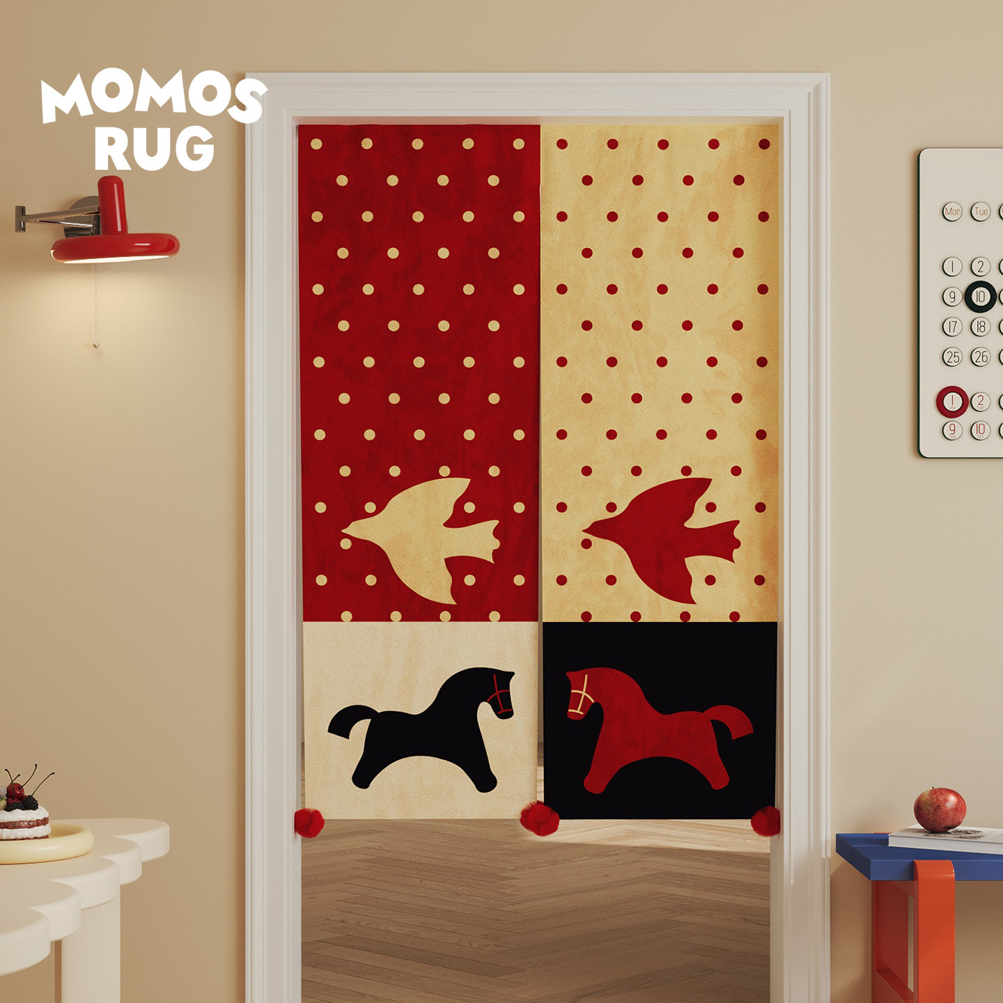 马年红色门帘遮挡帘厨房新年喜庆带毛球半帘百搭卧室免打孔隔断帘