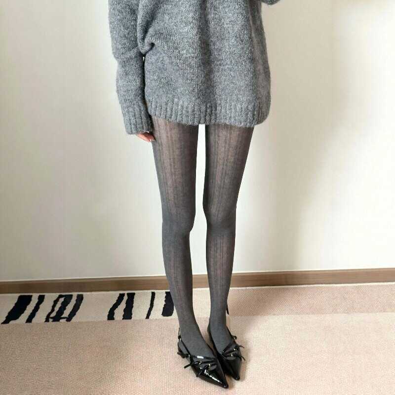 深灰色打底裤袜女秋季防勾丝格雷韩系芭蕾风竖条纹连裤袜2026新款