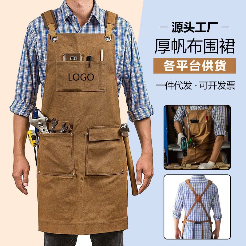 跨境加厚帆布围裙定制logo电工工具多口袋收纳木工耐磨工作服围裙