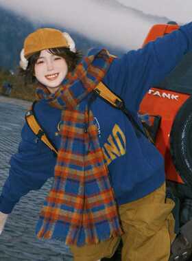 油画风复古格子围巾女秋冬季英伦