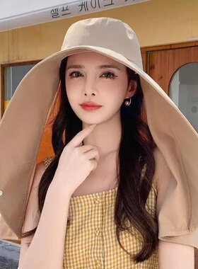 全脸防晒大帽檐披肩太阳帽女护颈一体防紫外线遮脸渔夫帽露马尾