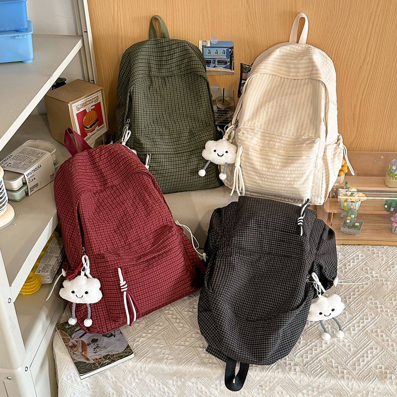韩系小清新书包女大学生简约网格