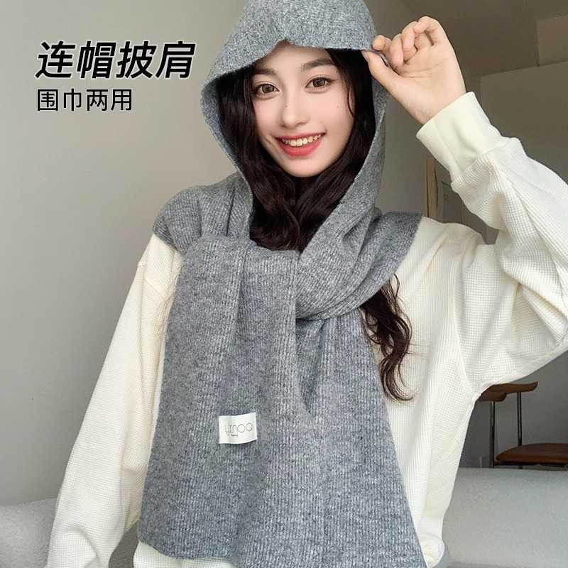 羊毛连帽围巾女秋冬季新款高级感