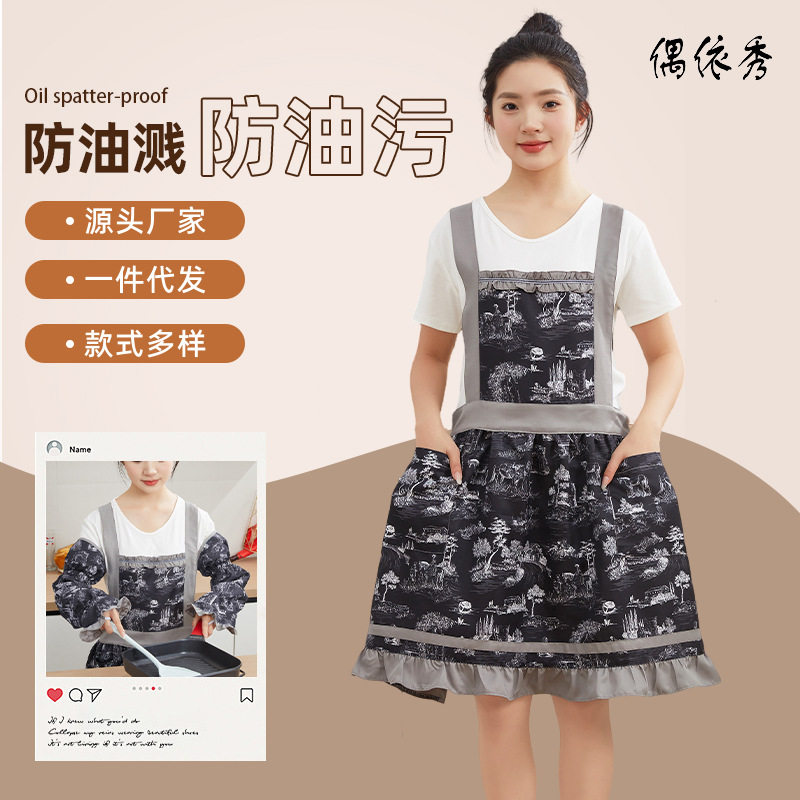 跨境品质女夏季薄款透气防油溅数码印花时尚文艺花店工作韩式围裙