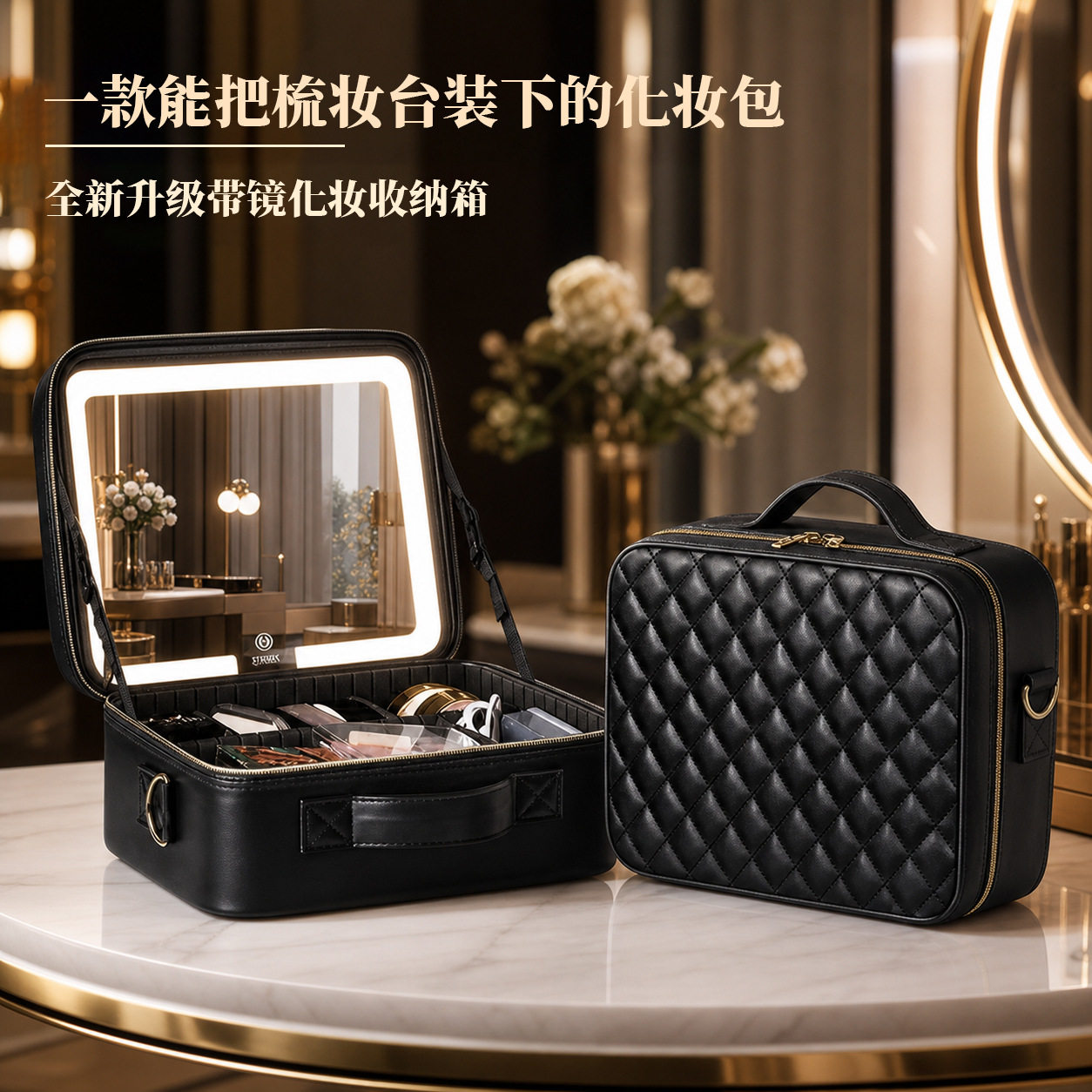 博众化妆包带LED灯镜子化妆包