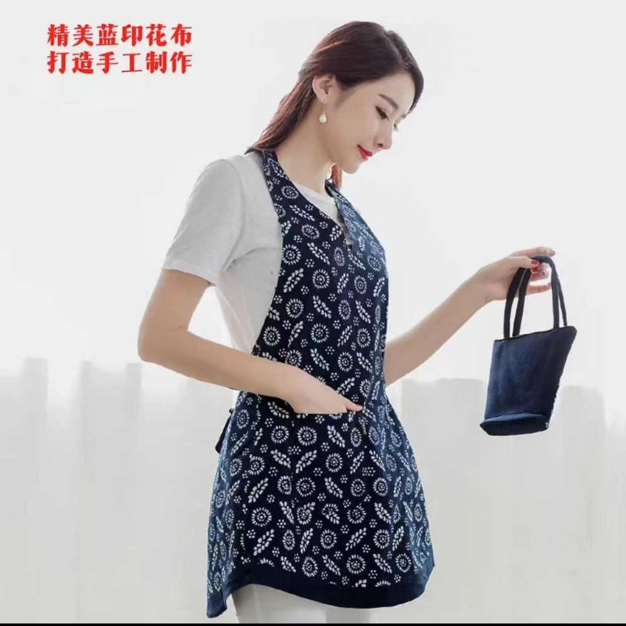 蓝印花布无袖防油污厨房围裙女带