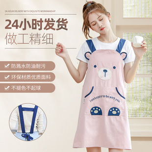 围裙全棉家用防油污罩衣大人无袖卡通小熊口袋咖啡店厨房围裙H型