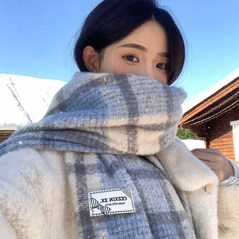 新款秋冬韩系蓝色格子围巾女加厚