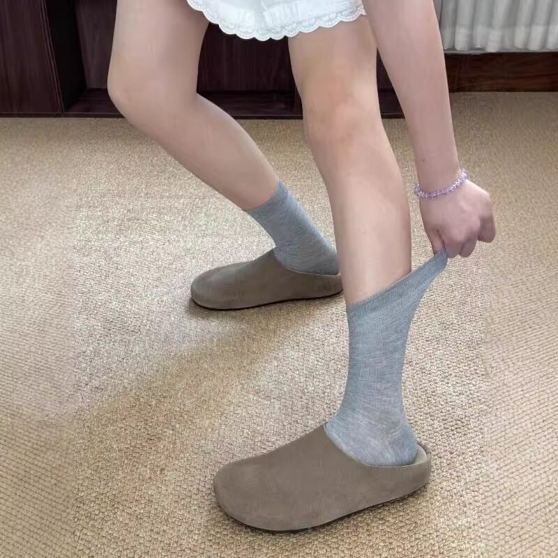 韩系灰色小腿袜子女款无骨薄款含