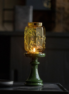 中式禅意柳燕嬉春明清烛台家用祖母绿蜡烛台茶室古风高颜值氛围灯