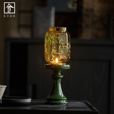 中式禅意柳燕嬉春明清烛台家用祖母绿蜡烛台茶室古风高颜值氛围灯