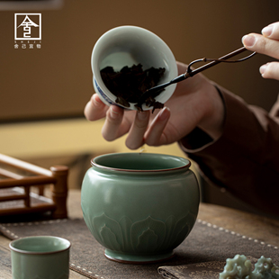 梅子青浮雕建水茶洗家用茶桌茶渣缸水盂功夫茶具零配件烟灰缸