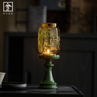 中式禅意柳燕嬉春明清烛台家用祖母绿蜡烛台茶室古风高颜值氛围灯