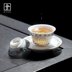玲珑瓷繁花似锦三才盖碗白瓷茶杯个人专用喝茶家用功夫茶具泡茶碗