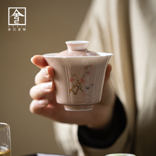 弥言釉下彩手绘梅花盖碗手工陶瓷花口泡茶碗茶杯单个功夫茶具家用