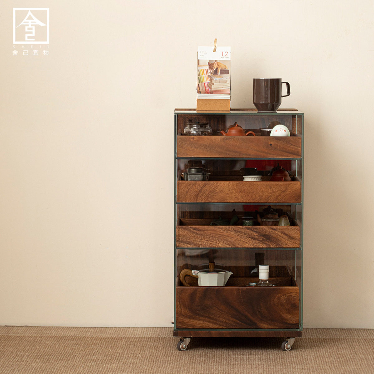 便携家用可移动储物柜实木柜办公室书房中古茶具收纳牙科柜文件柜