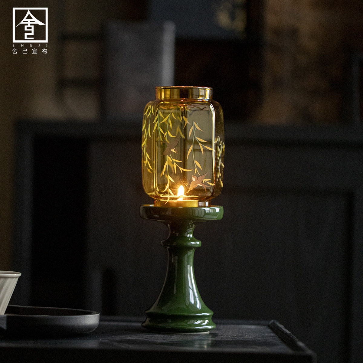 中式禅意柳燕嬉春明清烛台家用祖母绿蜡烛台茶室古风高颜值氛围灯