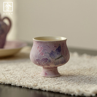 陶瓷油画紫手绘蝶舞主人杯家用品茗杯喝茶杯功夫茶具送女生送闺蜜