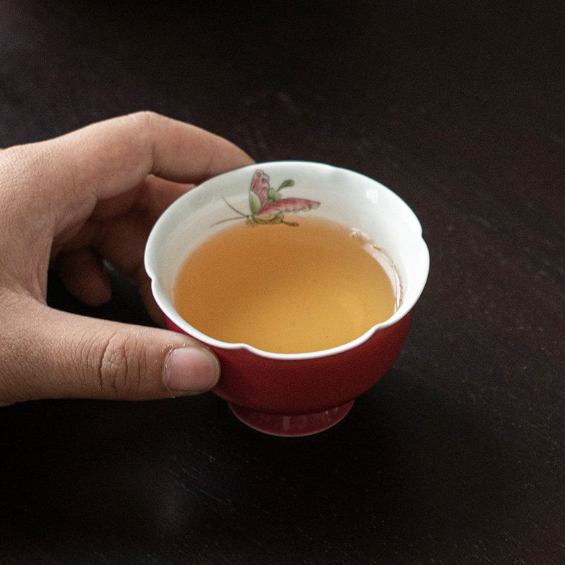 舍己宜物釉上彩主人杯手绘蝴蝶茶杯胭脂红品茗杯功夫茶杯套装单个
