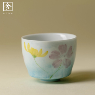 高档精致云湖蓝手绘格桑花钟型杯家用品茗杯茶杯功夫茶具单杯