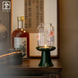 新中式家用明清烛台禅意宋式灯台灯罩轻奢氛围灯陶瓷摆件茶道零配