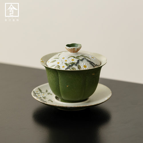 小青柑手绘莲瓣三才盖碗茶杯家用陶瓷功夫茶具泡茶碗文人茶器