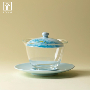 玻璃三才观清盖碗有田烧蓝牡丹家用高端泡茶碗功夫茶具不烫手