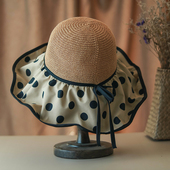 大檐遮阳帽女夏季 黑胶防紫外线盆帽渔夫帽波点休闲透气圆顶帽子女