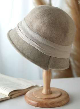 帽子女赫本风优雅羊毛盆帽女冬季新款保暖高级气质女士渔夫帽礼帽