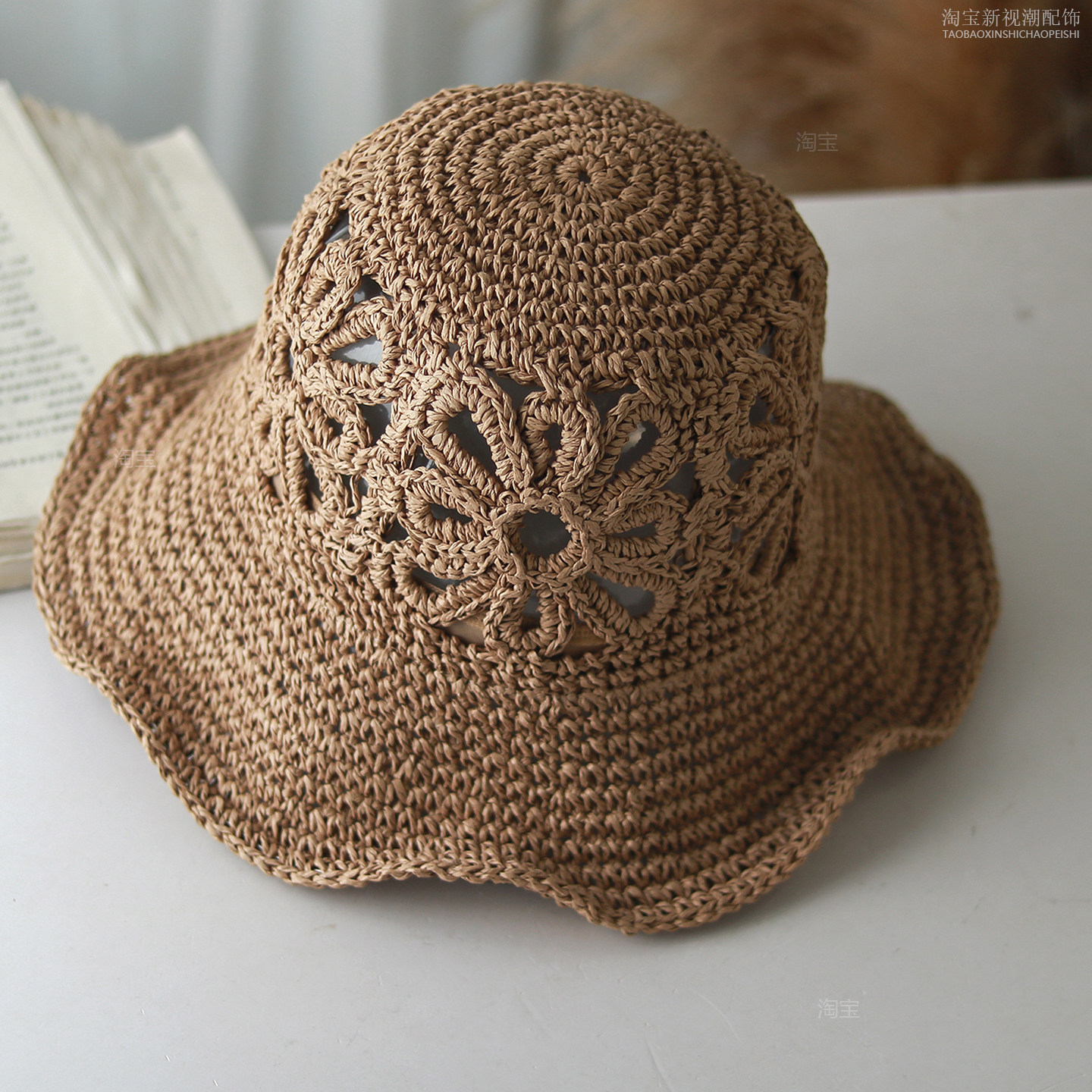 手工编织镂空草帽女春夏季优雅遮阳帽户外宽檐可折叠度假沙滩帽