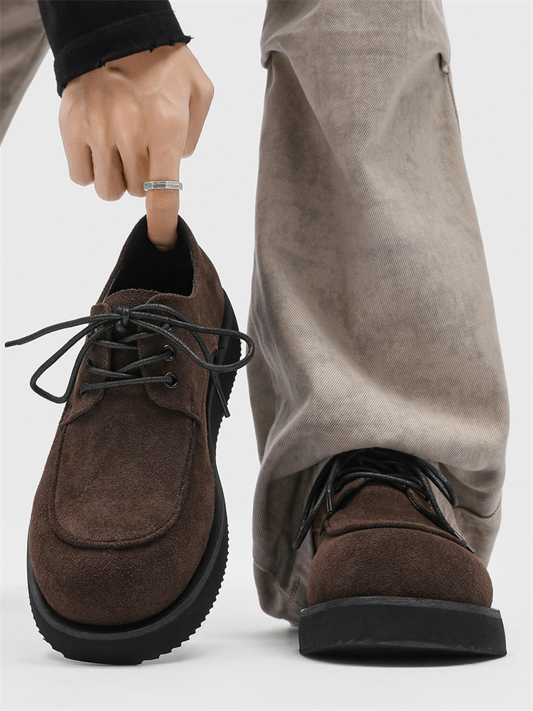 潮牌高级感翻毛休闲皮鞋男款2025年秋冬新款百搭大头鞋厚底德比鞋