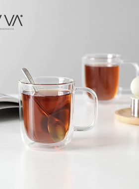 丹麦VIVA  经典艺术双层耐高温玻璃杯带把透明茶杯耐热泡茶杯套装