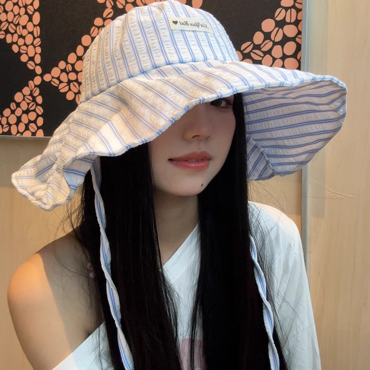韩系甜美蓝色条纹绑带渔夫帽女夏