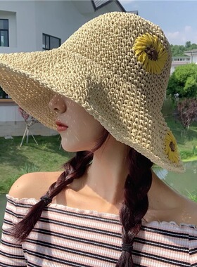 休闲度假透气编织花朵草帽女遮阳
