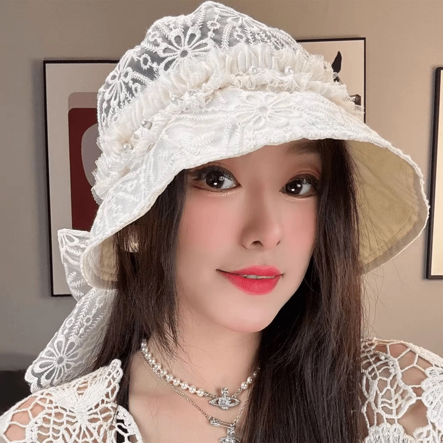 法式优雅甜美网纱蕾丝花纹渔夫帽