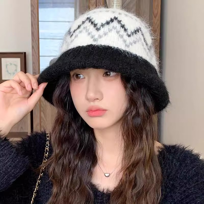 复古撞色波浪纹针织渔夫帽显脸小