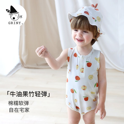 Griny婴儿无袖连体衣春夏和尚衣新生儿宝宝包屁衣印花衣服