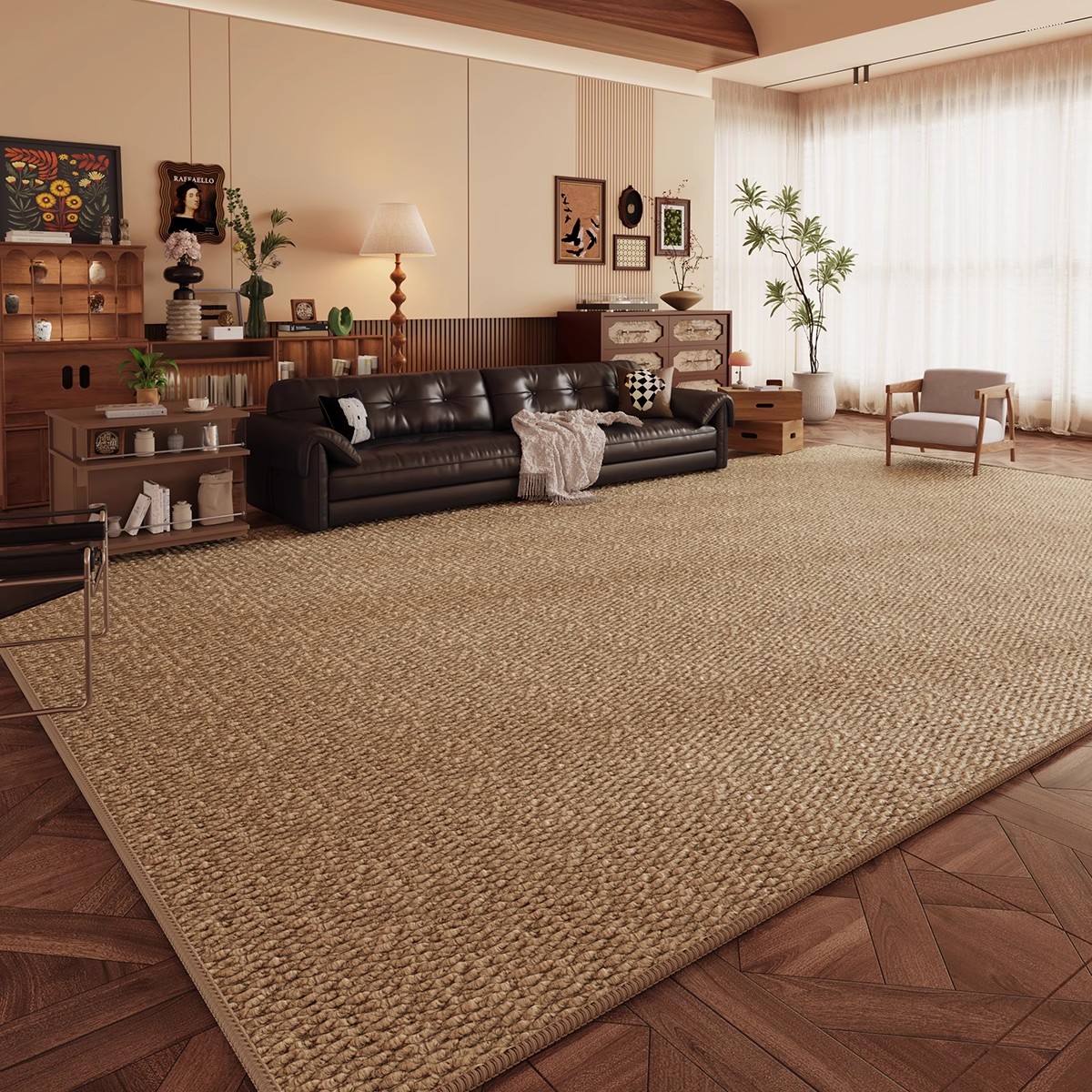 客厅地毯仿剑麻亚麻原木纯色卧室榻榻米2025新款中古风防猫抓地垫