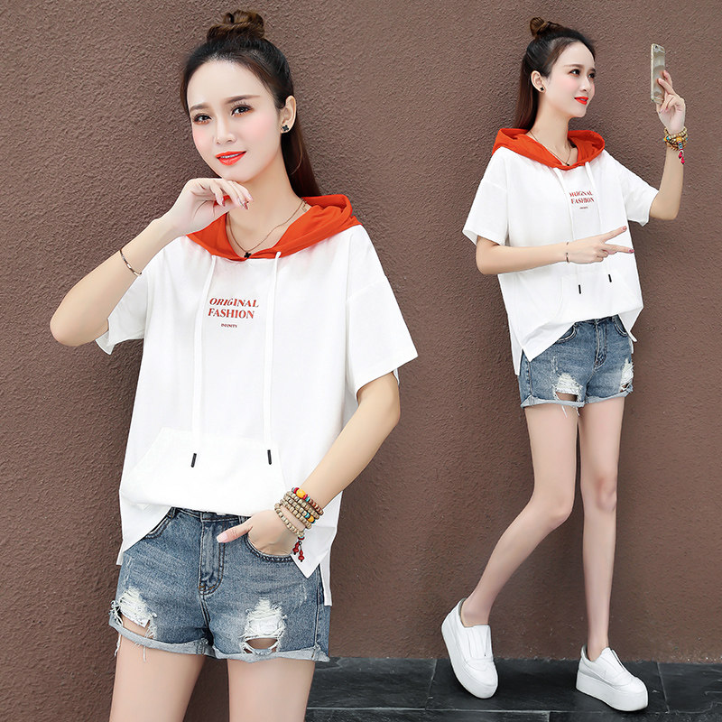 以纯短袖T恤女2020夏季新款薄款港风宽松体恤印花短款连帽上衣服