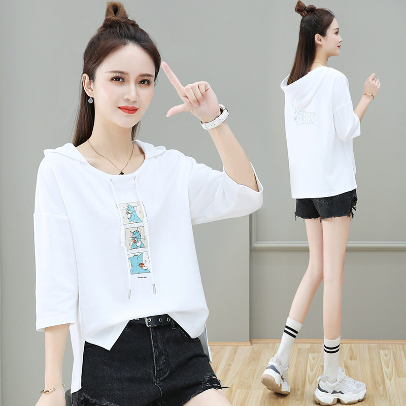 半袖T恤女潮ins早秋2020新款设计感薄款宽松短款卫衣连帽上衣以纯