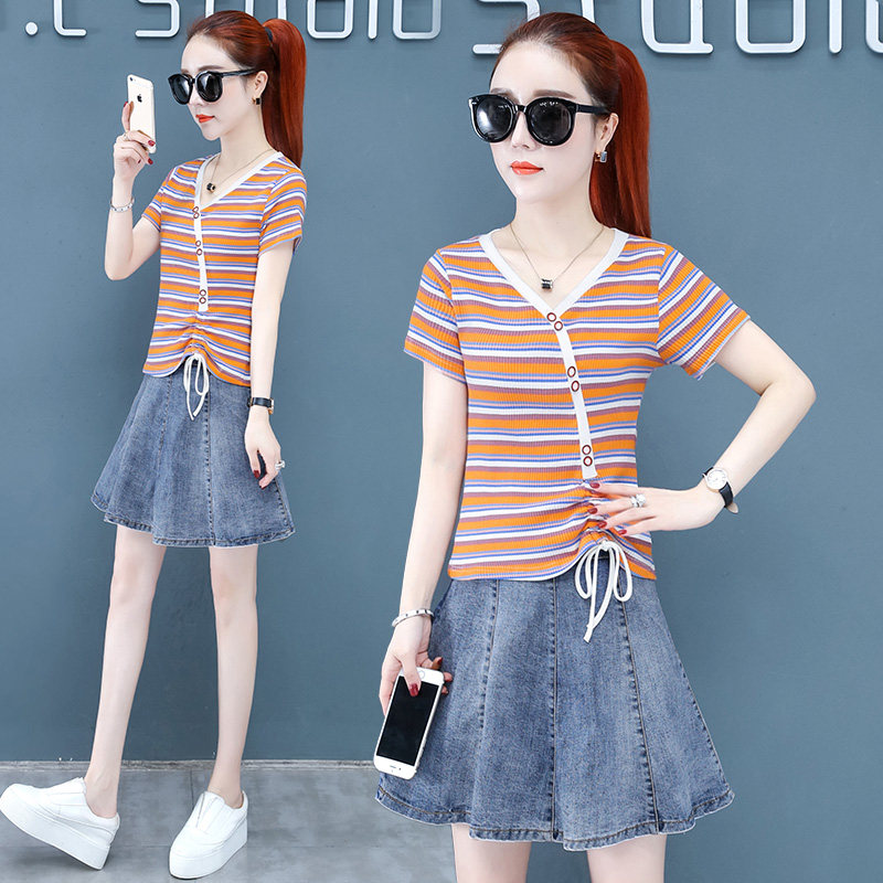 欧贝妮女装气质条纹短袖T恤女夏季新款2020修上衣以纯官方旗舰店