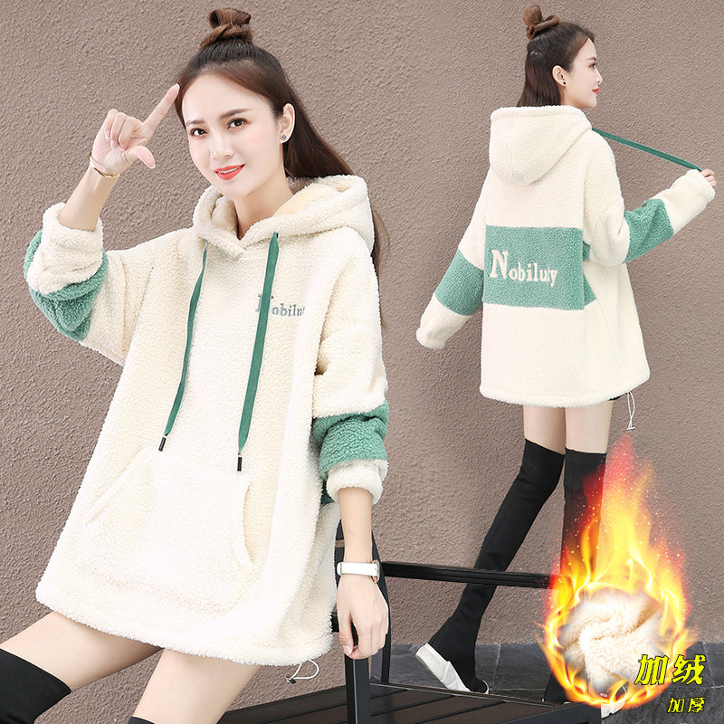以纯官方旗舰店加绒加厚羊羔毛卫衣女2020年秋冬新款宽松保暖外套